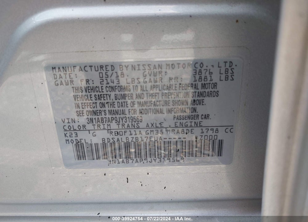 2018 NISSAN SENTRA S VIN: 3N1AB7AP9JY319569