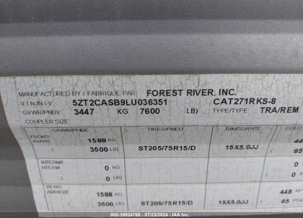 2020 COAC CATALINA S 271RKS VIN: 5ZT2CASB9LU036351