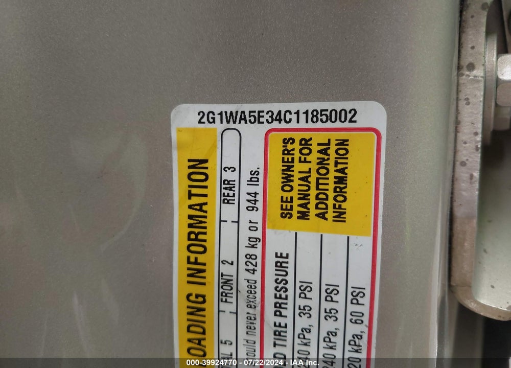2012 CHEVROLET IMPALA LS VIN: 2G1WA5E34C1185002