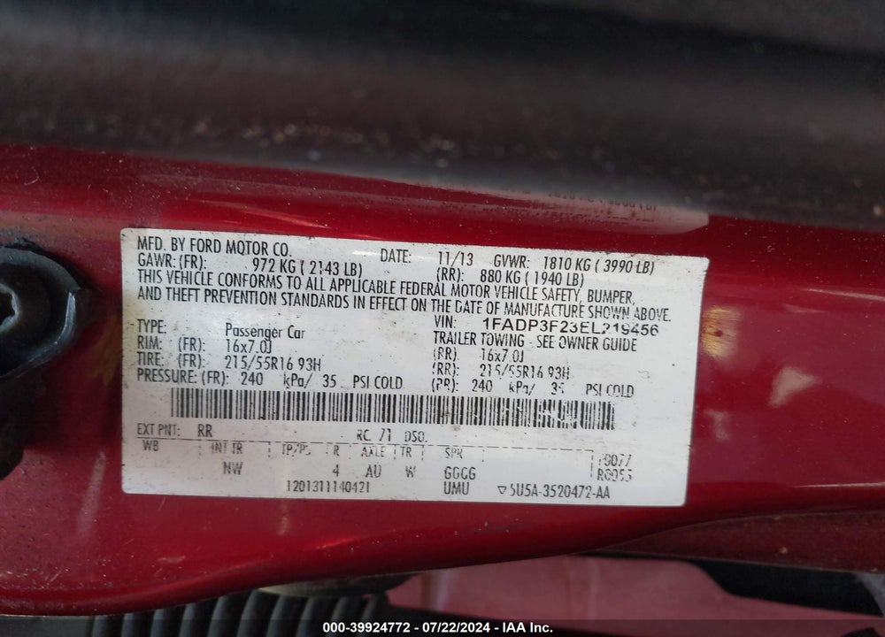 2014 FORD FOCUS SE VIN: 1FADP3F23EL219456