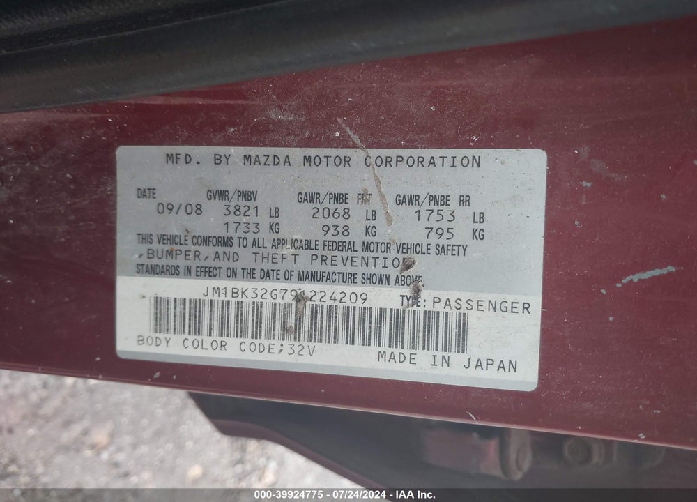 2009 MAZDA 3 I VIN: JM1BK32G791224209