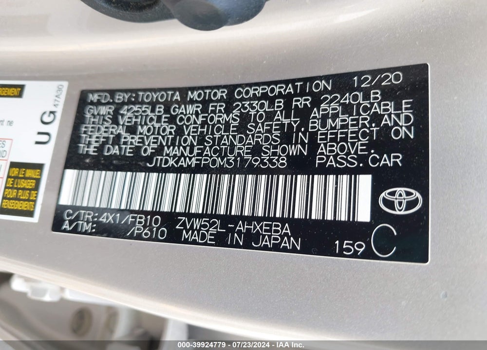 2021 TOYOTA PRIUS PRIME LE VIN: JTDKAMFP0M3179338
