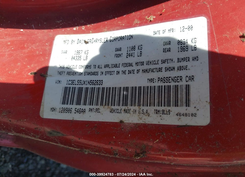 2001 CHRYSLER SEBRING LXI VIN: 1C3EL55UX1N562633