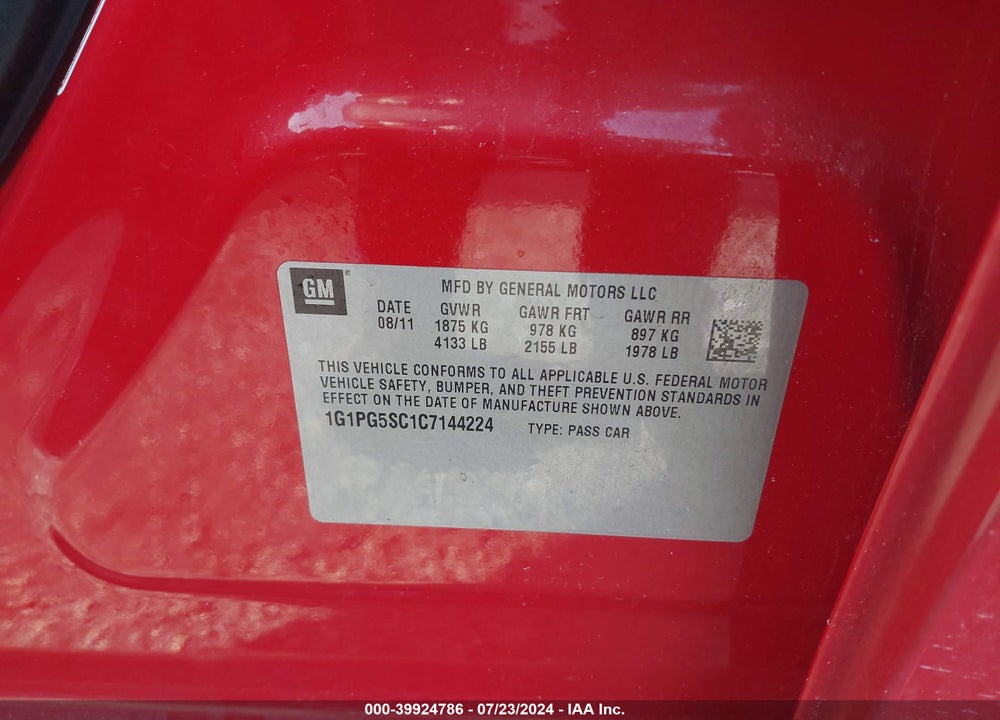 2012 CHEVROLET CRUZE 2LT VIN: 1G1PG5SC1C7144224