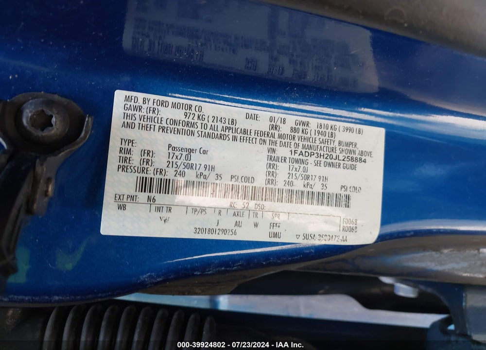 2018 FORD FOCUS SEL VIN: 1FADP3H20JL258884