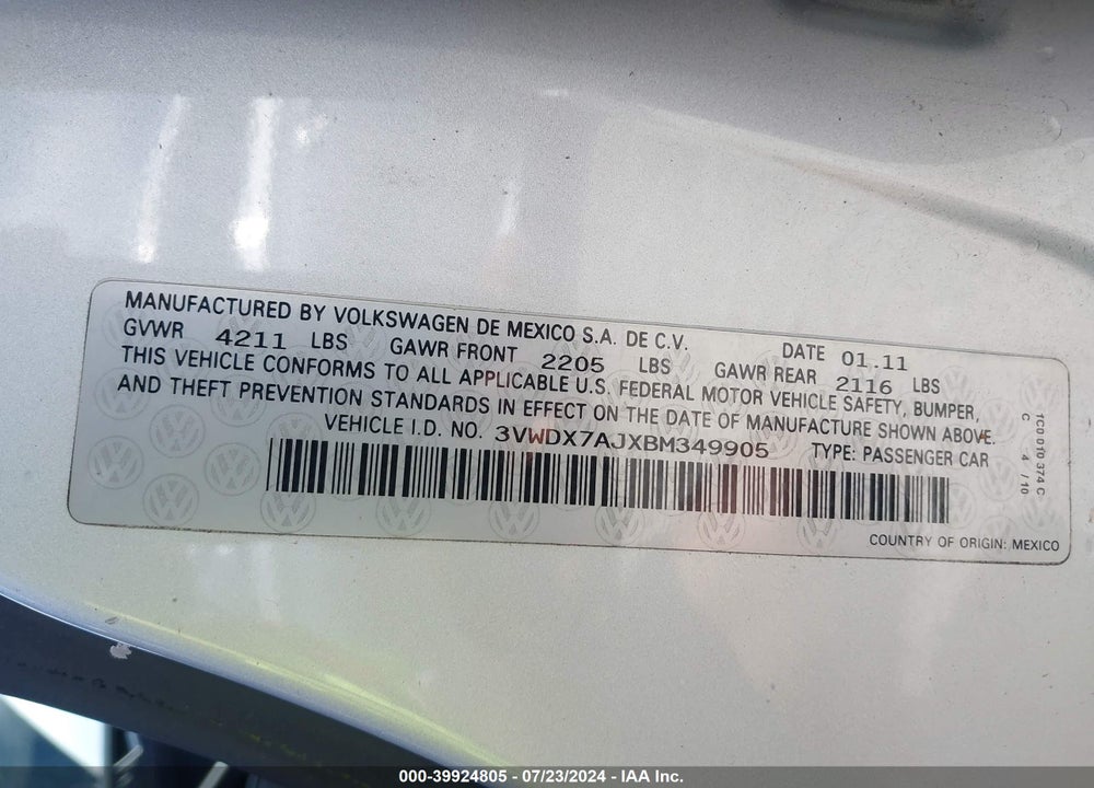 2011 VOLKSWAGEN JETTA 2.5L SE VIN: 3VWDX7AJXBM349905