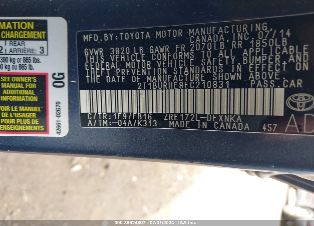 2014 TOYOTA COROLLA LE VIN: 2T1BURHE8EC210831