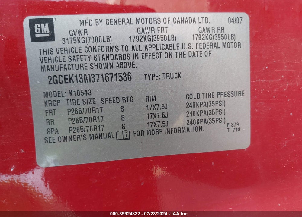 2007 CHEVROLET SILVERADO 1500 WORK TRUCK VIN: 2GCEK13M371671536