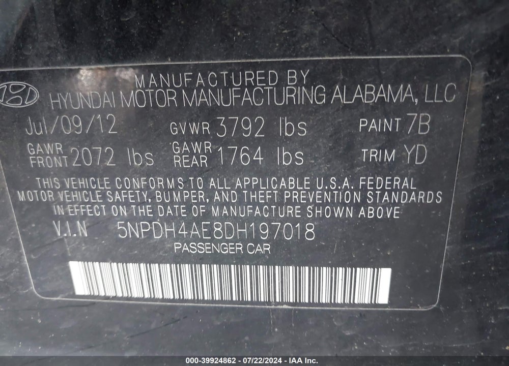 2013 HYUNDAI ELANTRA GLS VIN: 5NPDH4AE8DH197018