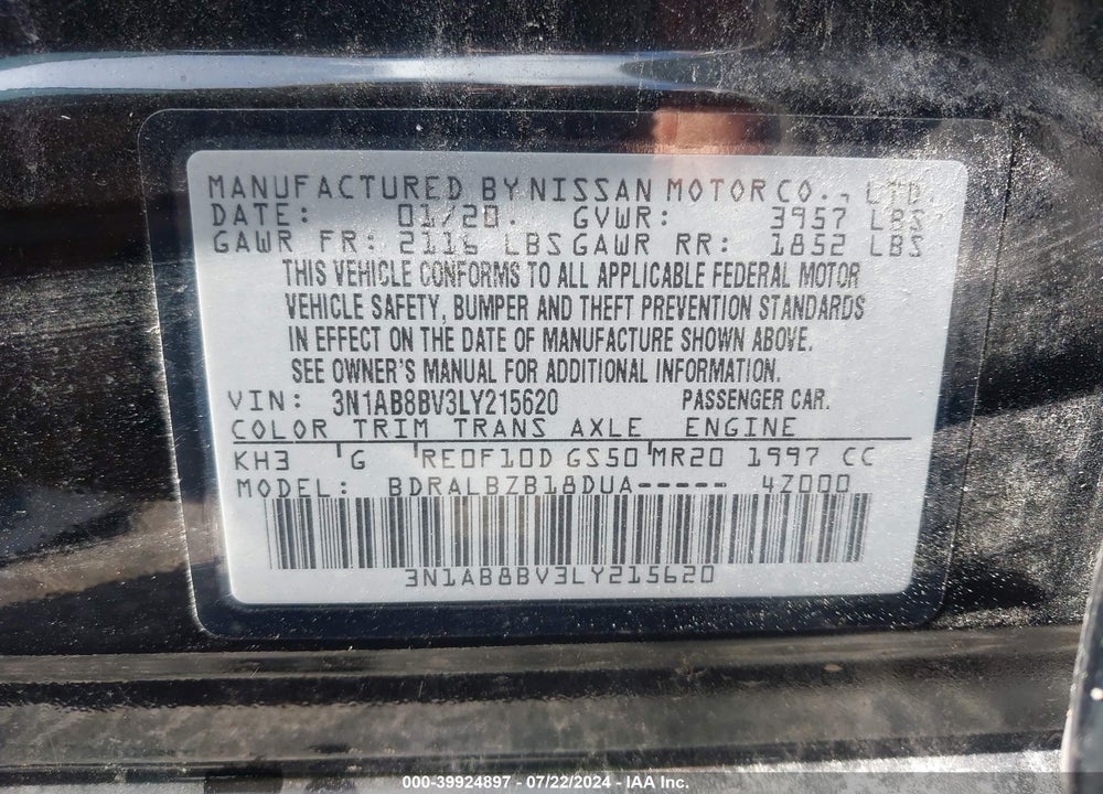 2020 NISSAN SENTRA S XTRONIC CVT VIN: 3N1AB8BV3LY215620