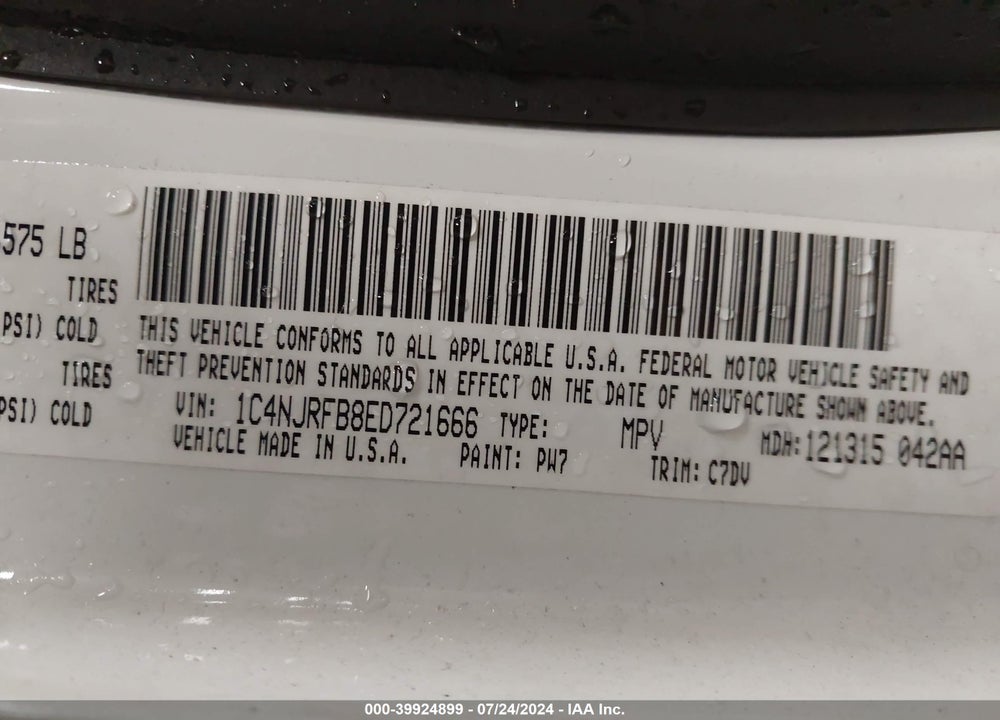 2014 JEEP PATRIOT LATITUDE VIN: 1C4NJRFB8ED721666