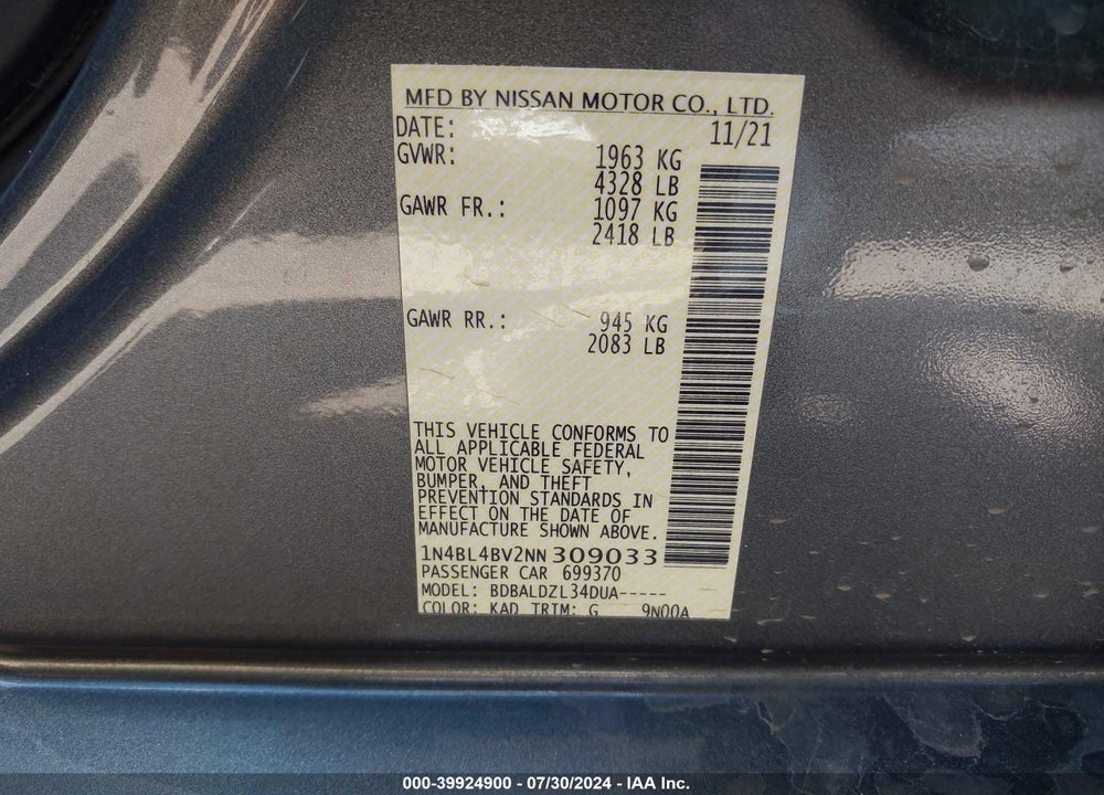 2022 NISSAN ALTIMA S FWD VIN: 1N4BL4BV2NN309033