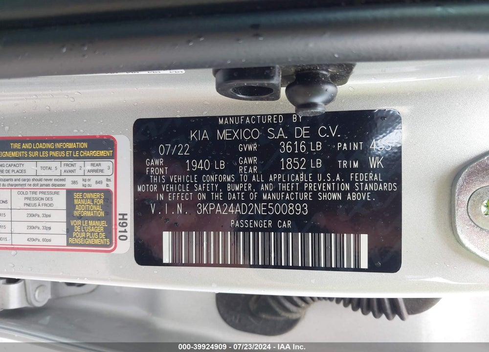 2022 KIA RIO S VIN: 3KPA24AD2NE500893