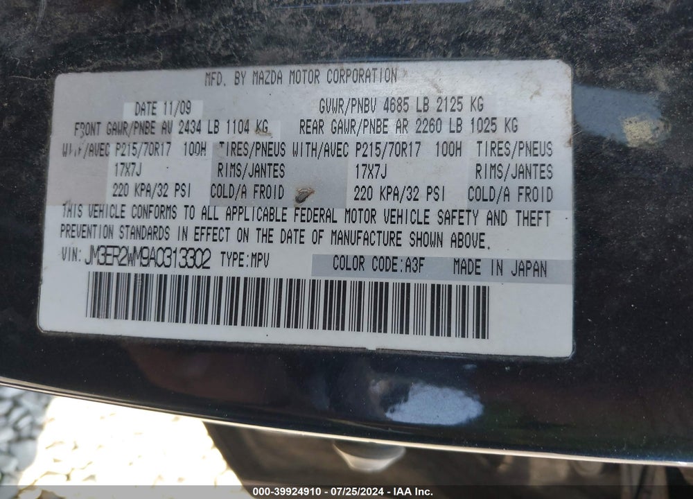 2010 MAZDA CX-7 I SPORT VIN: JM3ER2WM9A0313302