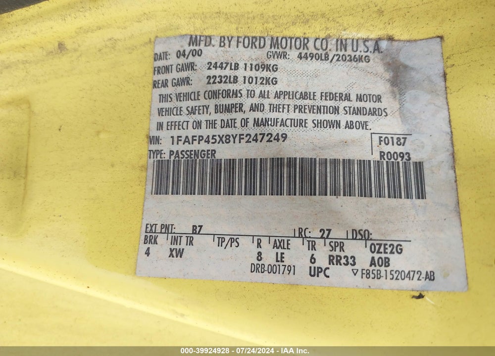 2000 FORD MUSTANG GT VIN: 1FAFP45X8YF247249