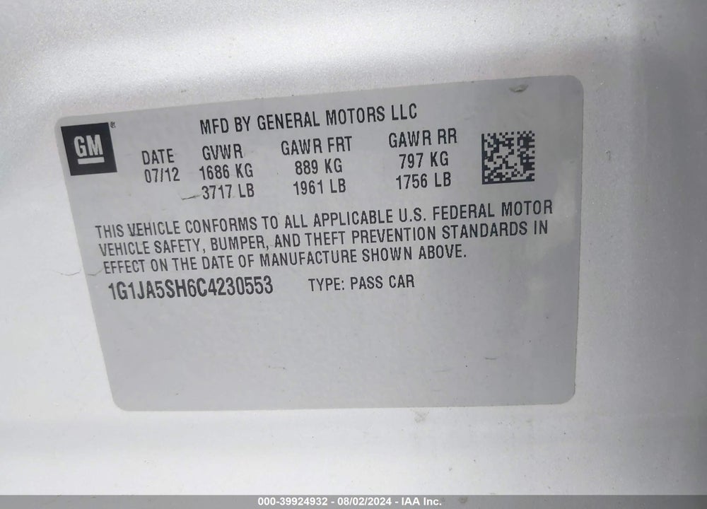 2012 CHEVROLET SONIC 2LS VIN: 1G1JA5SH6C4230553