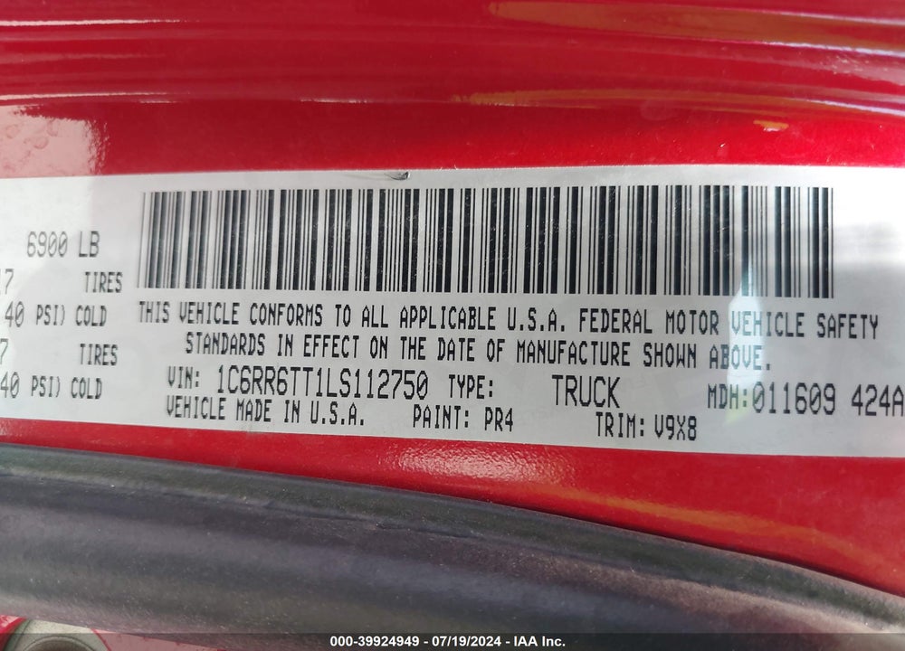 2020 RAM 1500 CLASSIC SLT 4X2 6'4 BOX VIN: 1C6RR6TT1LS112750
