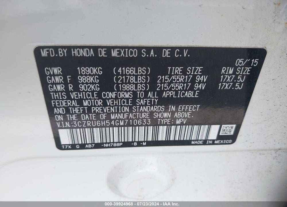 2016 HONDA HR-V VIN: 3CZRU6H54GM710633