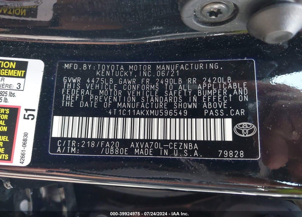 2021 TOYOTA CAMRY VIN: 4T1C11AKXMU596549