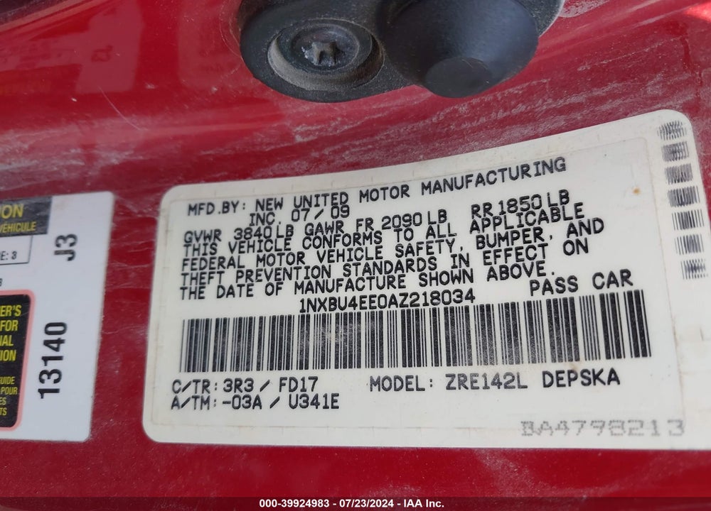 2010 TOYOTA COROLLA S VIN: 1NXBU4EE0AZ218034