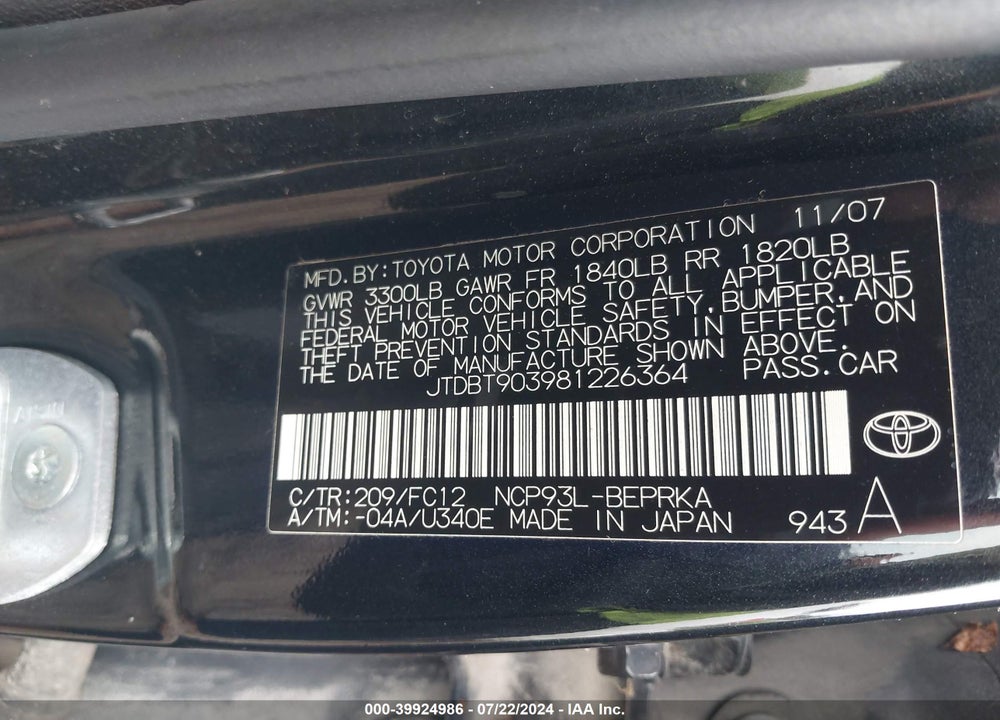 2008 TOYOTA YARIS VIN: JTDBT903981226364