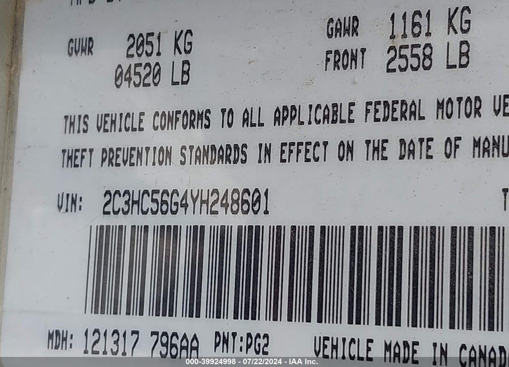 2000 CHRYSLER LHS VIN: 2C3HC56G4YH248601