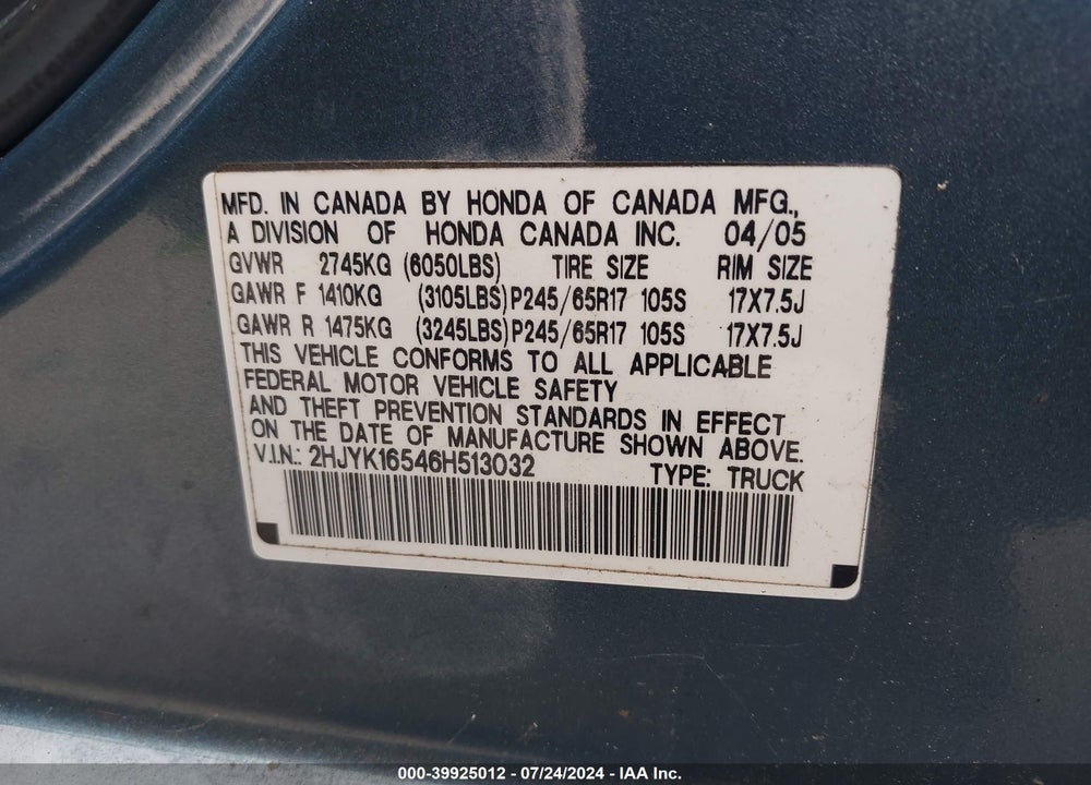 2006 HONDA RIDGELINE RTL VIN: 2HJYK16546H513032