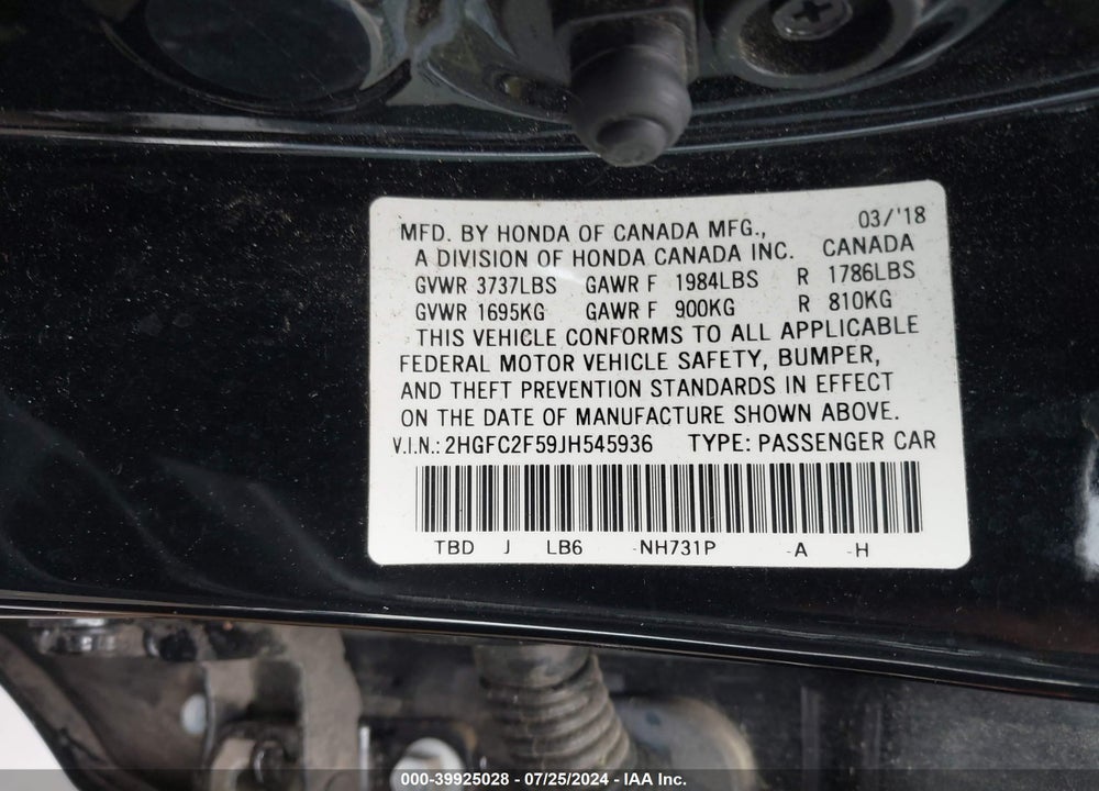 2018 HONDA CIVIC LX VIN: 2HGFC2F59JH545936