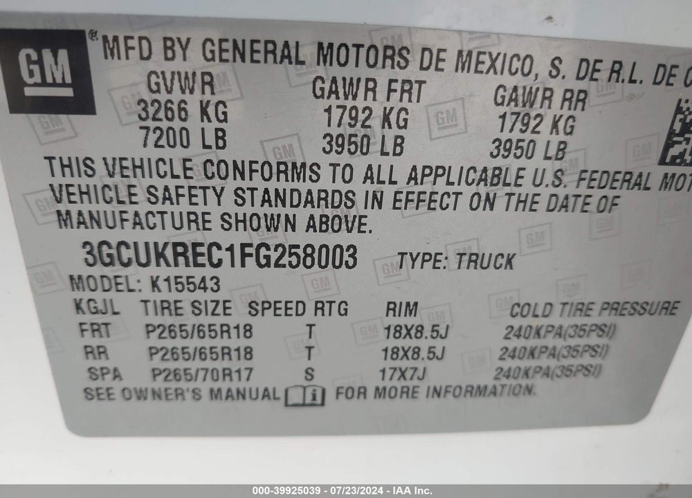 2015 CHEVROLET SILVERADO 1500 2LT VIN: 3GCUKREC1FG258003