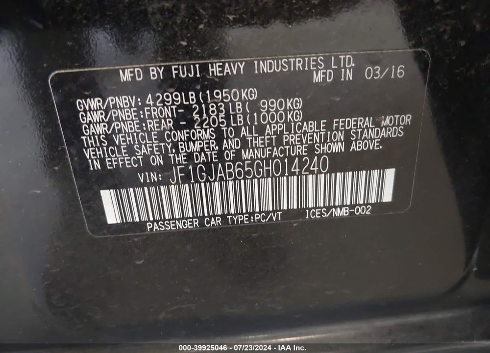2016 SUBARU IMPREZA 2.0I PREMIUM VIN: JF1GJAB65GH014240