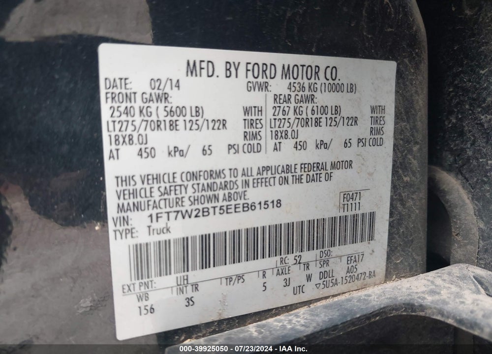 2014 FORD F-250 XLT VIN: 1FT7W2BT5EEB61518