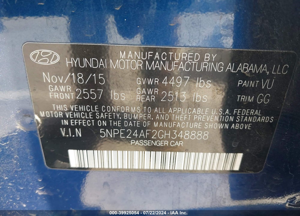 2016 HYUNDAI SONATA SE VIN: 5NPE24AF2GH348888