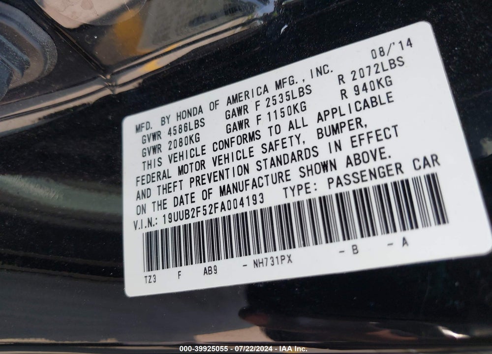 2015 ACURA TLX V6 TECH VIN: 19UUB2F52FA004193