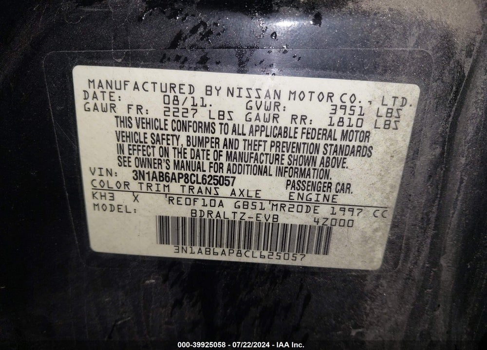 2012 NISSAN SENTRA 2.0 S VIN: 3N1AB6AP8CL625057
