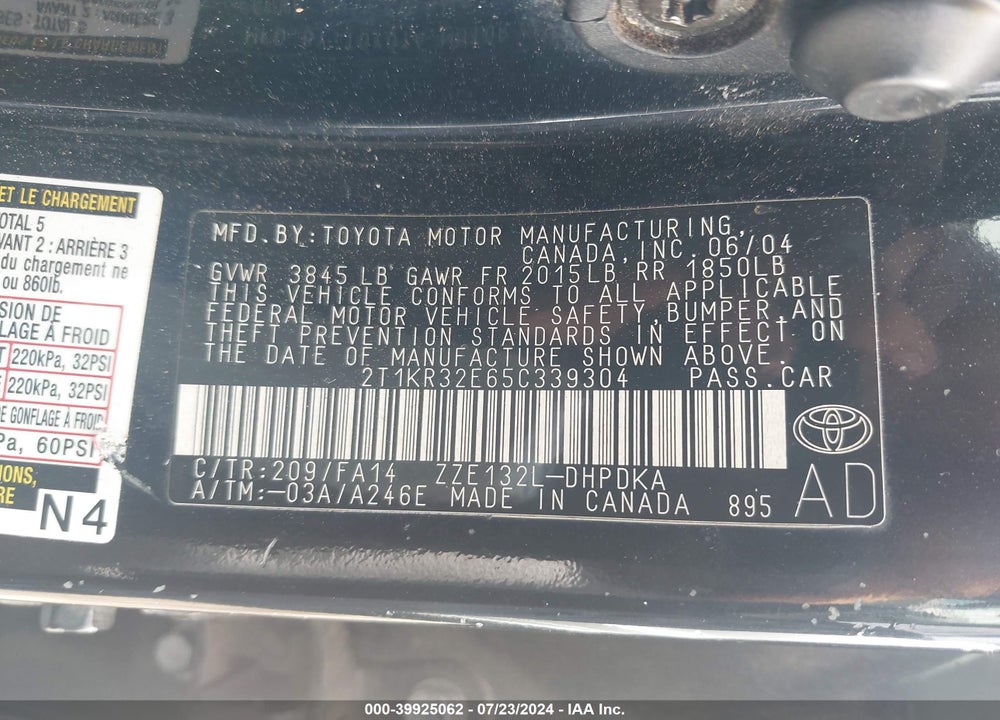 2005 TOYOTA MATRIX VIN: 2T1KR32E65C339304