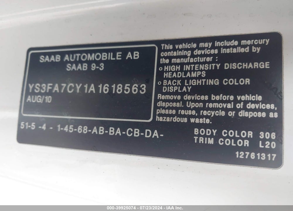 2010 SAAB 9 3 VIN: YS3FA7CY1A1618563