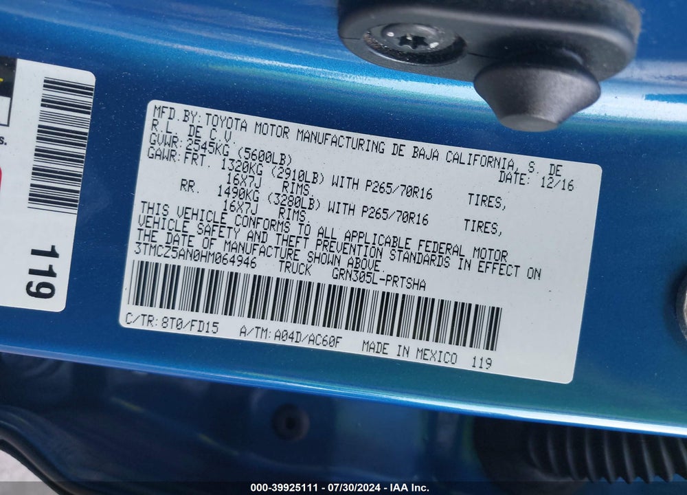 2017 TOYOTA TACOMA TRD OFF ROAD VIN: 3TMCZ5AN0HM064946