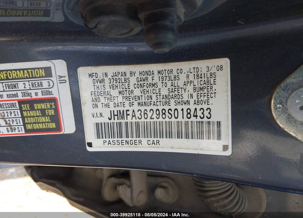 2008 HONDA CIVIC HYBRID VIN: JHMFA36298S018433