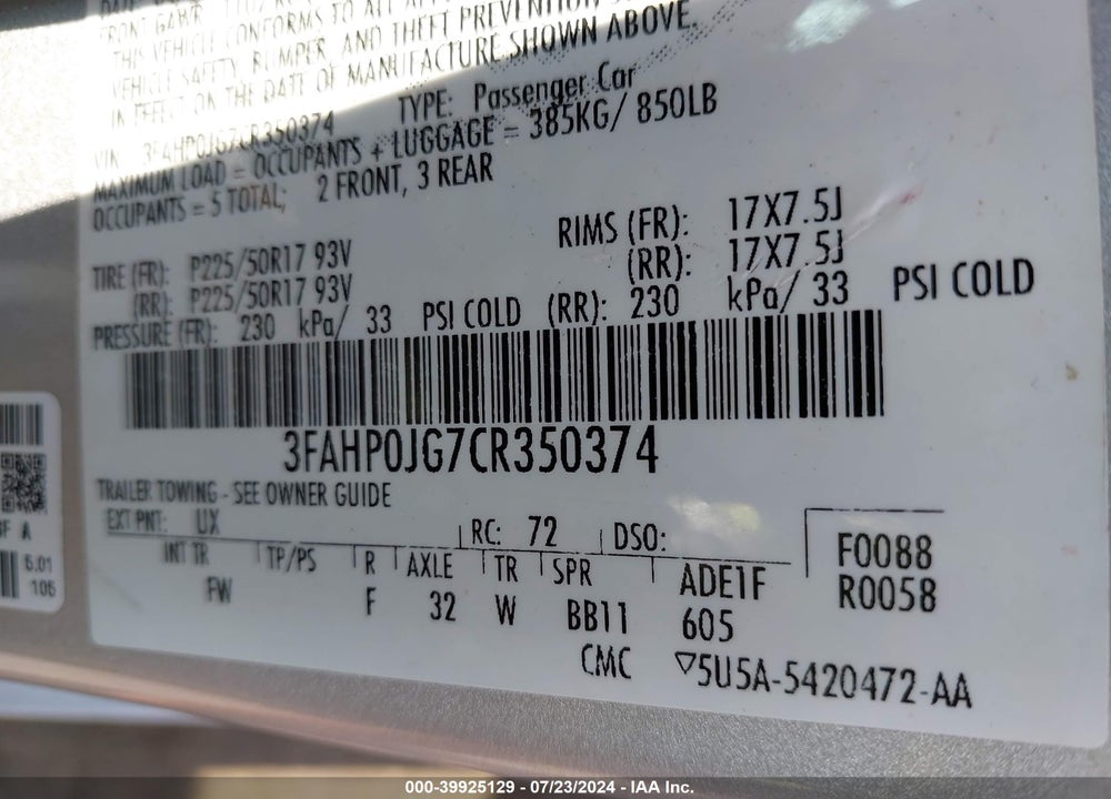 2012 FORD FUSION SEL VIN: 3FAHP0JG7CR350374