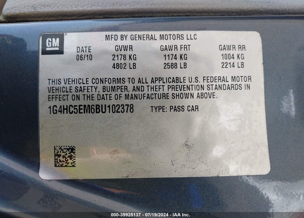 2011 BUICK LUCERNE CXL VIN: 1G4HC5EM6BU102378