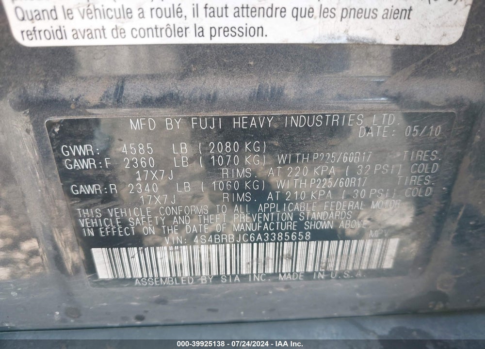 2010 SUBARU OUTBACK 2.5I LIMITED VIN: 4S4BRBJC6A3385658