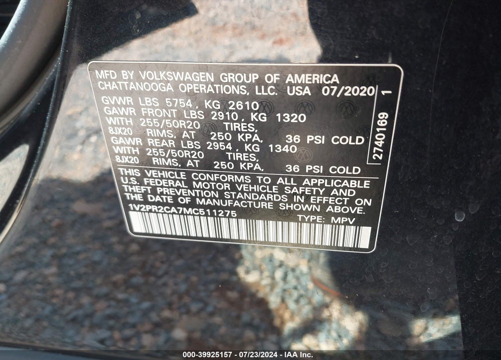 2021 VOLKSWAGEN ATLAS VIN: 1V2PR2CA7MC511275