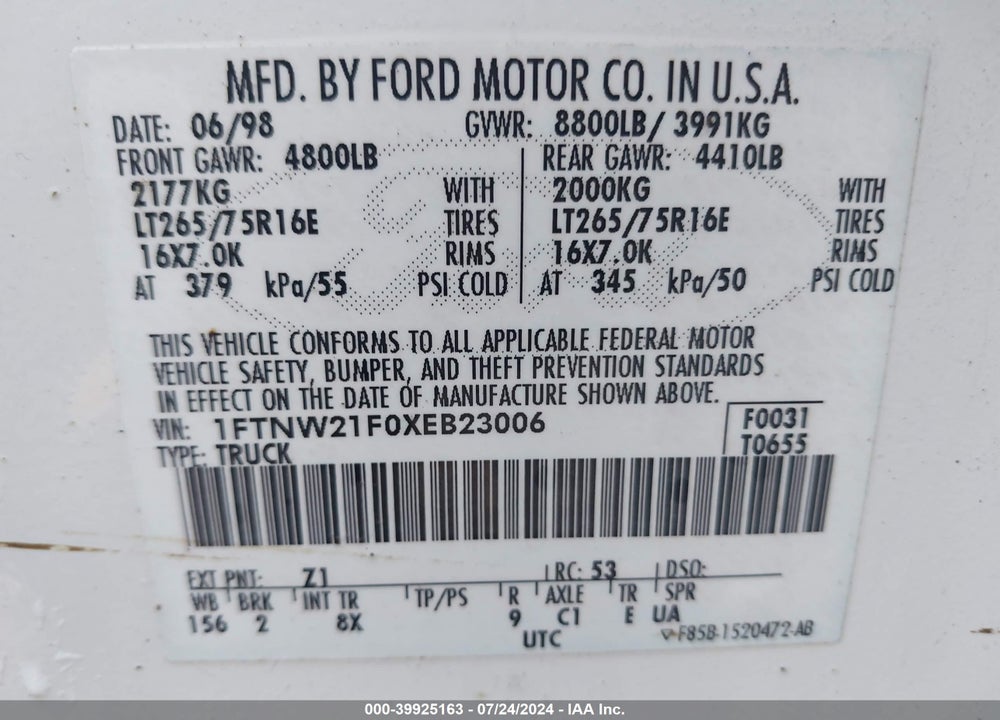 1999 FORD F-250 LARIAT/XL/XLT VIN: 1FTNW21F0XEB23006