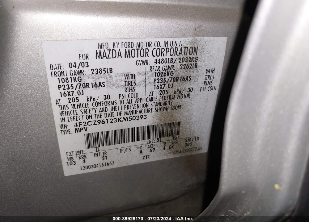 2003 MAZDA TRIBUTE ES V6 VIN: 4F2CZ96123KM50393