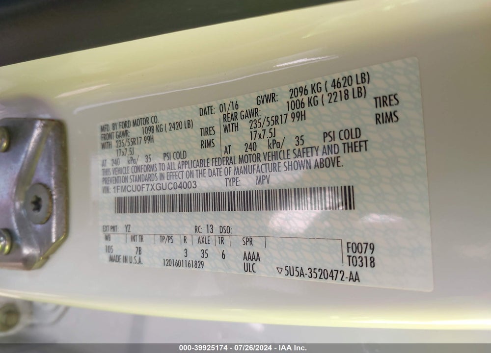 2016 FORD ESCAPE S VIN: 1FMCU0F7XGUC04003