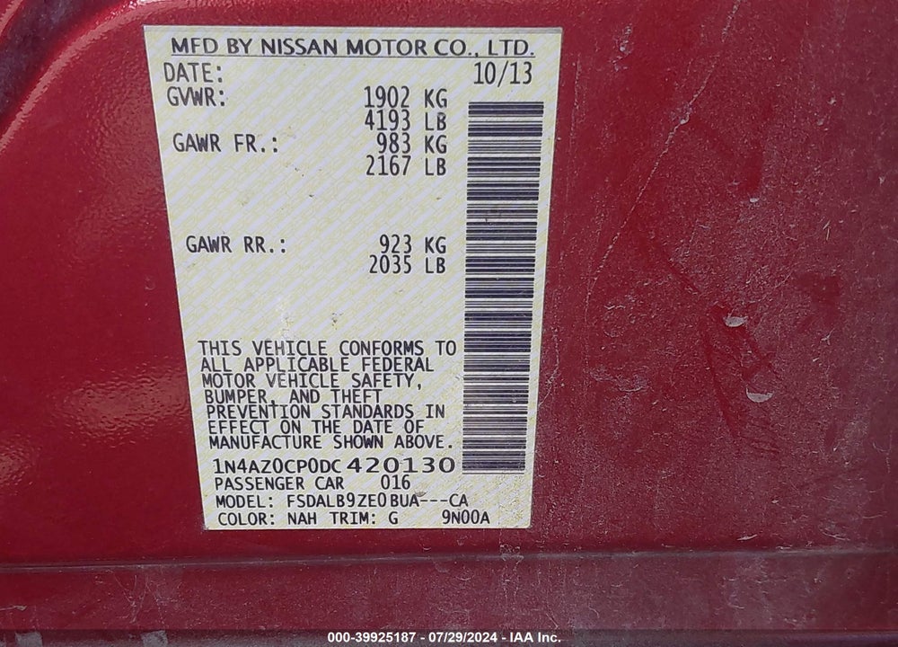 2013 NISSAN LEAF S VIN: 1N4AZ0CP0DC420130