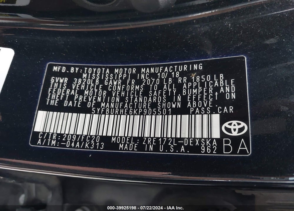 2019 TOYOTA COROLLA SE VIN: 5YFBURHE6KP905501