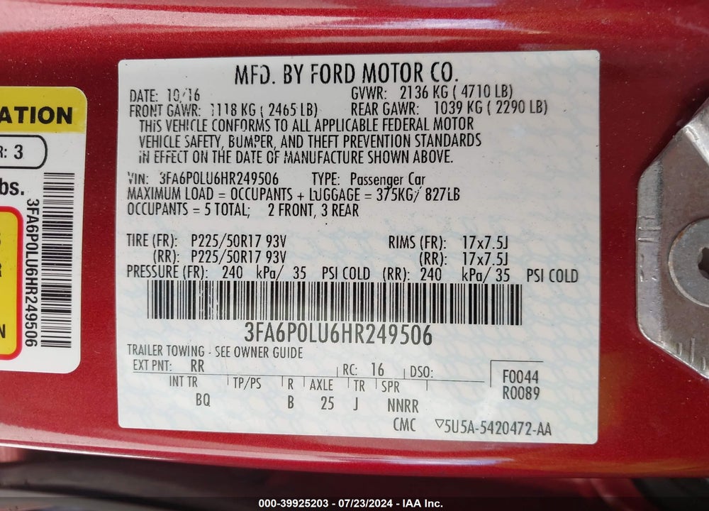 2017 FORD FUSION HYBRID SE VIN: 3FA6P0LU6HR249506