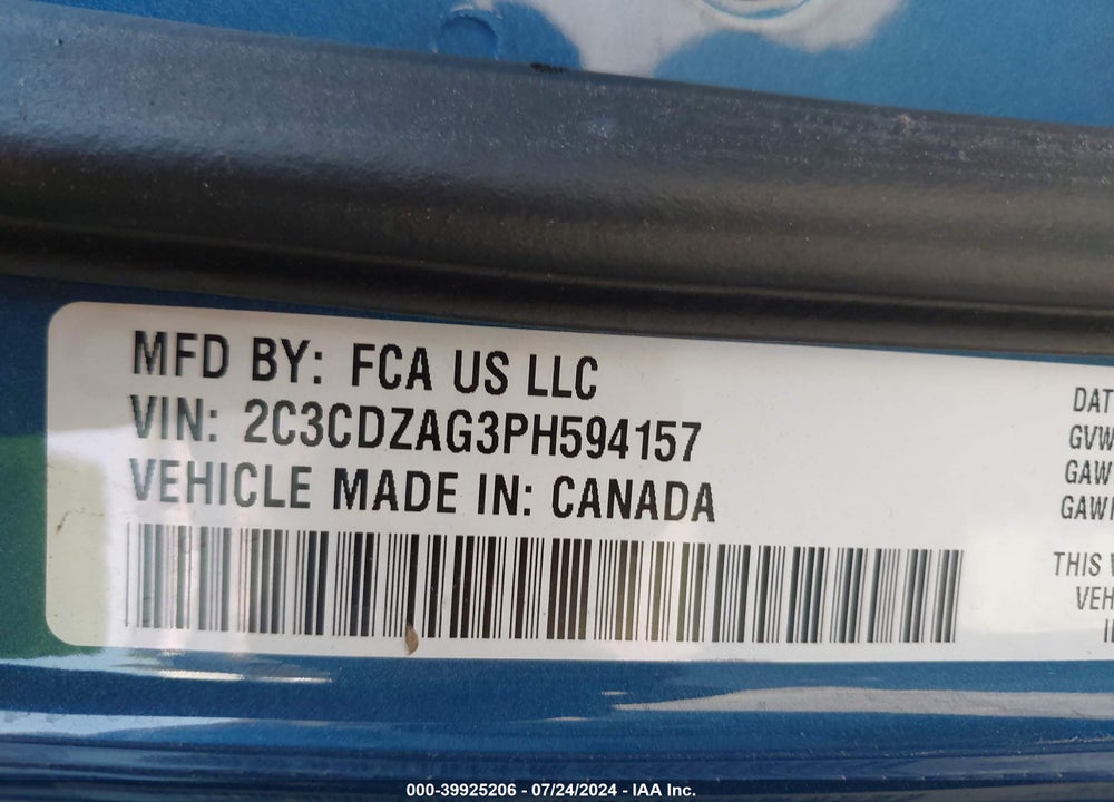 2023 DODGE CHALLENGER SXT VIN: 2C3CDZAG3PH594157