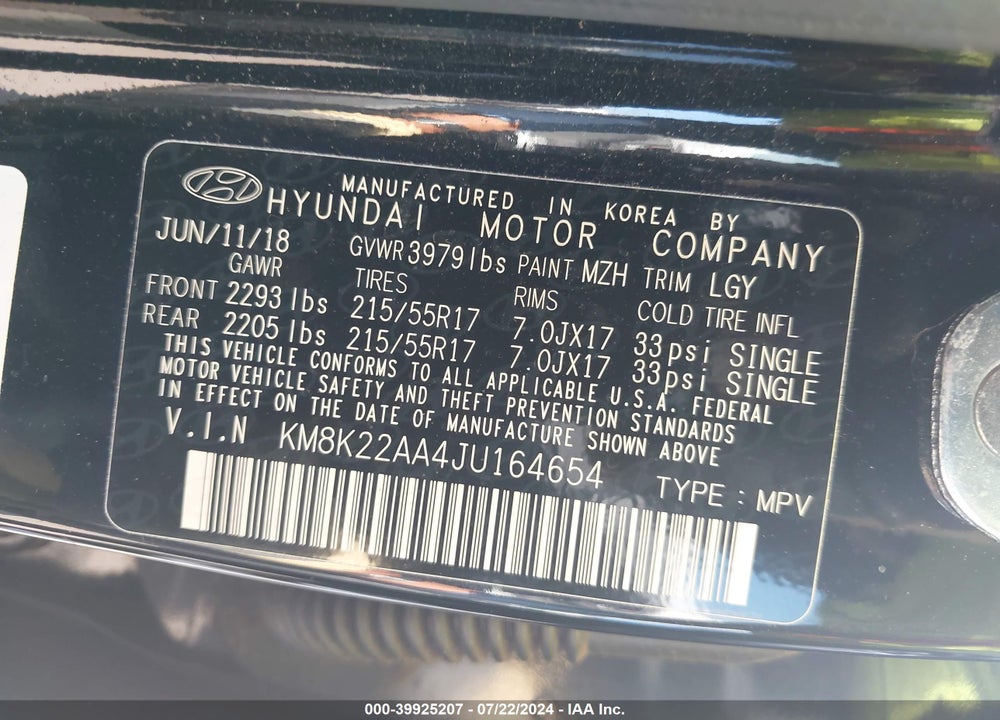 2018 HYUNDAI KONA SEL VIN: KM8K22AA4JU164654